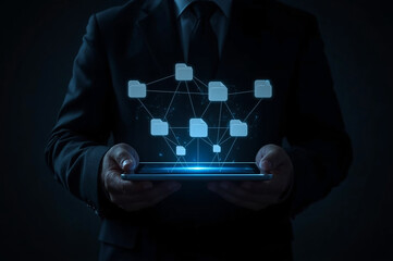 Data Sync concept, Transfer file of data between folder, Backup data, Exchange of file on folder, Send document in internet, DMS. Virtual document loading to another folder and hand holding tablet.
