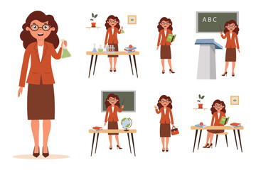 Set of teacher characters doing different activities in the classroom that promote learning and educational development. Set for animation. Vector illustration in flat style on white background.
