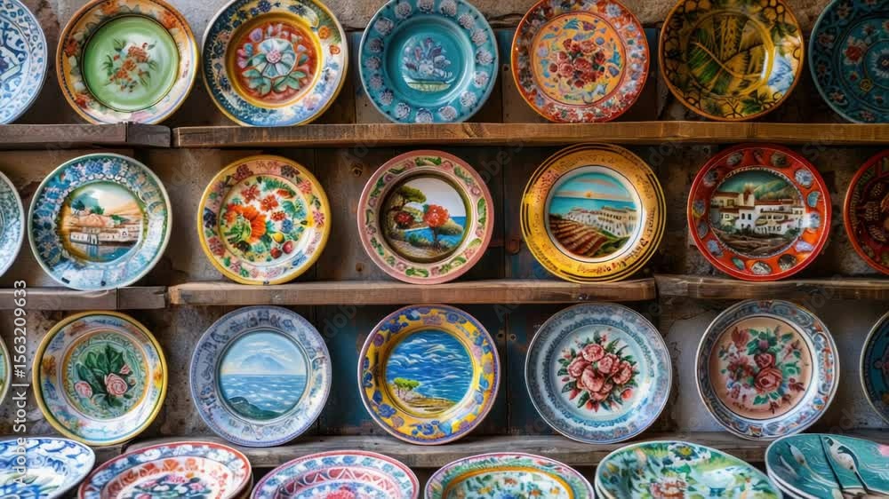 Poster A collection of plates stacked on a shelf, perfect for use in food-related context