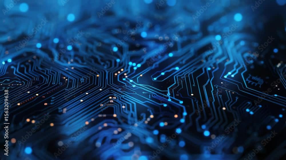 Aufkleber a close-up view of a circuit board with blue lights illuminating the components