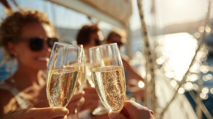 vacation, travel, sea, holidays and people concept - close up of happy friends clinking glasses of champagne and sailing on yacht, no logos, no brands