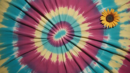 Obraz premium Vibrant tie dye fabric with a single sunflower in the corner