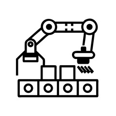 Industrial Robotic Arm Line Icon: Automated Factory Production and Assembly Line