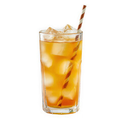Refreshing iced tea with ice cubes and a striped straw in a tall glass isolated on transparent background