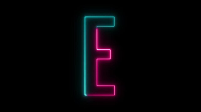 Glowing neon capital letter alphabet E animation. on black background. Educational concept. 4k video.
