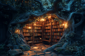 A library built inside a tree trunk, filled with books and surrounded by nature, creating a peaceful and focused atmosphere for reading.