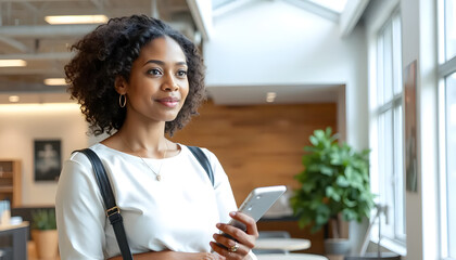 Confident businesswoman using smartphone in bright modern office space

