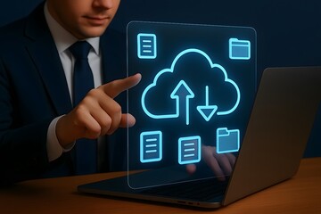 Businessman interacting with a futuristic holographic cloud computing interface
