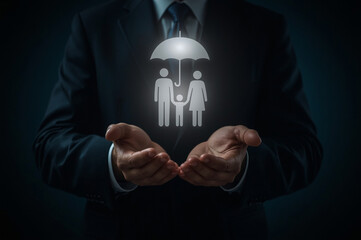 Family Protection and Safety Concept. A person covers digital icon representing family under an umbrella, symbolizing protection, safety, and security for loved ones, family care, and well-being.