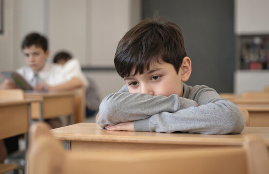 Sad child boy sits alone at school desk with head down. Children emotions, school bullying. Upset student. Lonely, unhappy kid with problems in primary school. Learning difficulty, frustration,
