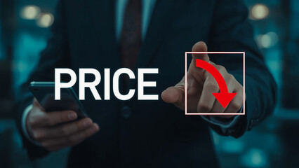 Low price concept. Businessman thouching arrow down, low price stimulate the economy and maeket. decline price. 