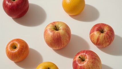 Colorful apples and an orange arranged on a white surface.