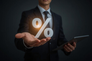 Marketing campaign in modern digital economy. Businessman hand holding 0% hologram, representing zero interest, promotion, financial offer, loan deal.