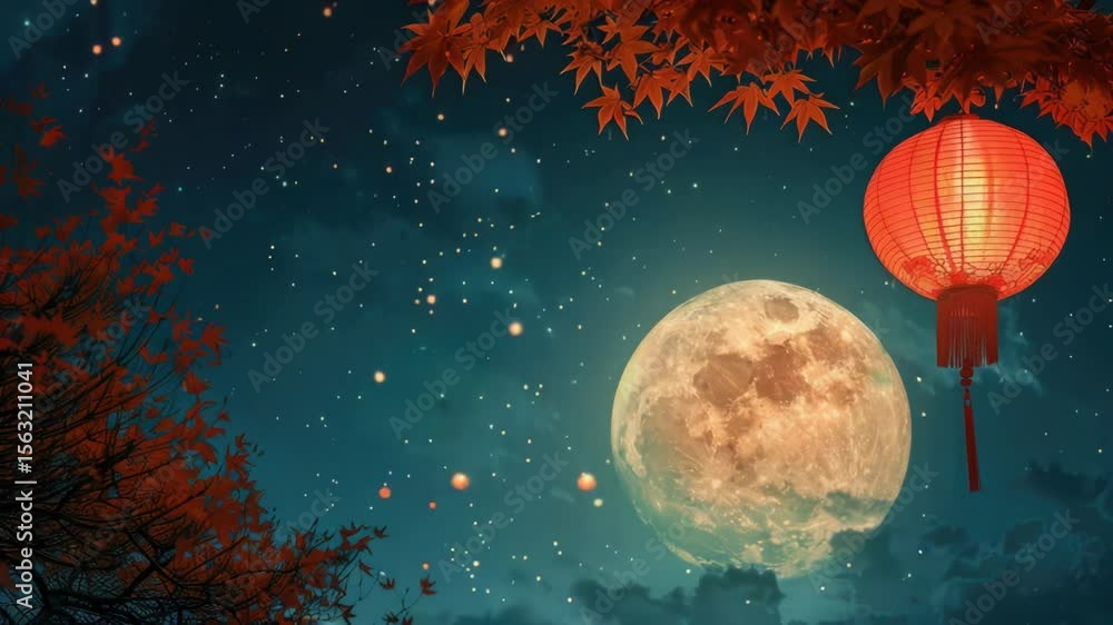 Aufkleber A serene scene of a full moon shining bright with two red lanterns hovering above, perfect for use in nature-inspired designs or romantic settings