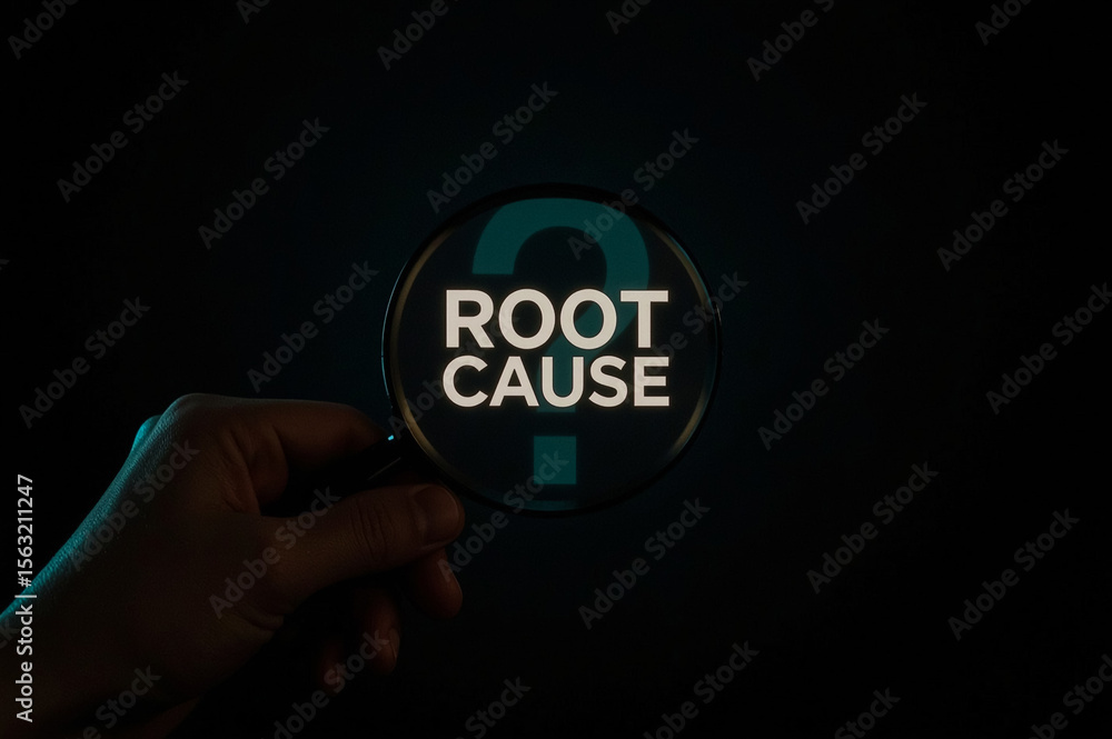 Poster businessman using magnifier find out the root cause problems. root cause and solution concept.