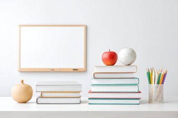 Organized Classroom Desk Featuring Stacked Books, an Apple, and Colorful Pencils Against a Minimalist Background