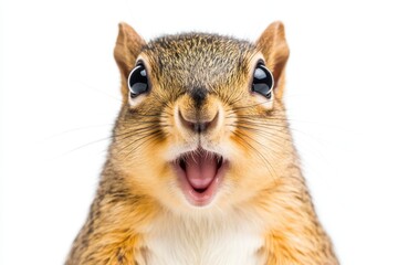 Fototapeta premium A Close-Up of a Surprised Squirrel with an Open Mouth, Capturing the Whimsical Charm and Playfulness of This Adorable Rodent against a White Background