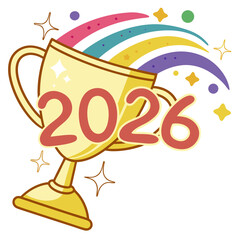 Golden trophy with colorful celebratory arcs and numbers