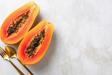 Whole and halved papaya with gold cutlery on marble counter