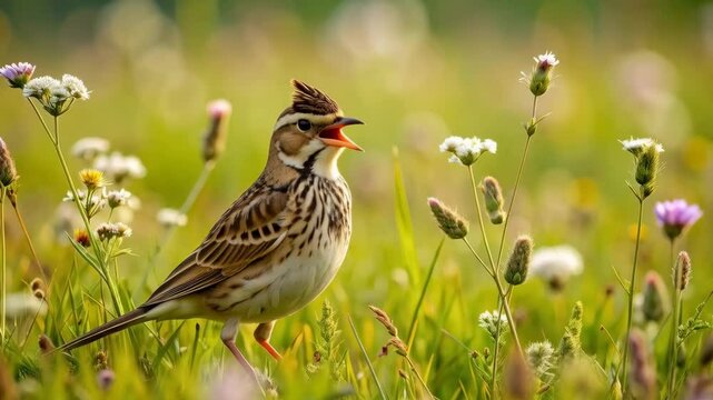 Singing Eurasian skylark calling out from a meadow with wildflowers, a scene of natural beauty on a bright, sunny day