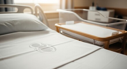 A hospital blanket with a faint imprint of a just-wrapped baby, empty bassinet beside