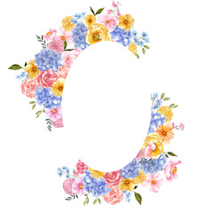 Hand draw watercolor frame with meadow flowers, romantic floral, colorful elegante botanical illustration, isolated on white background