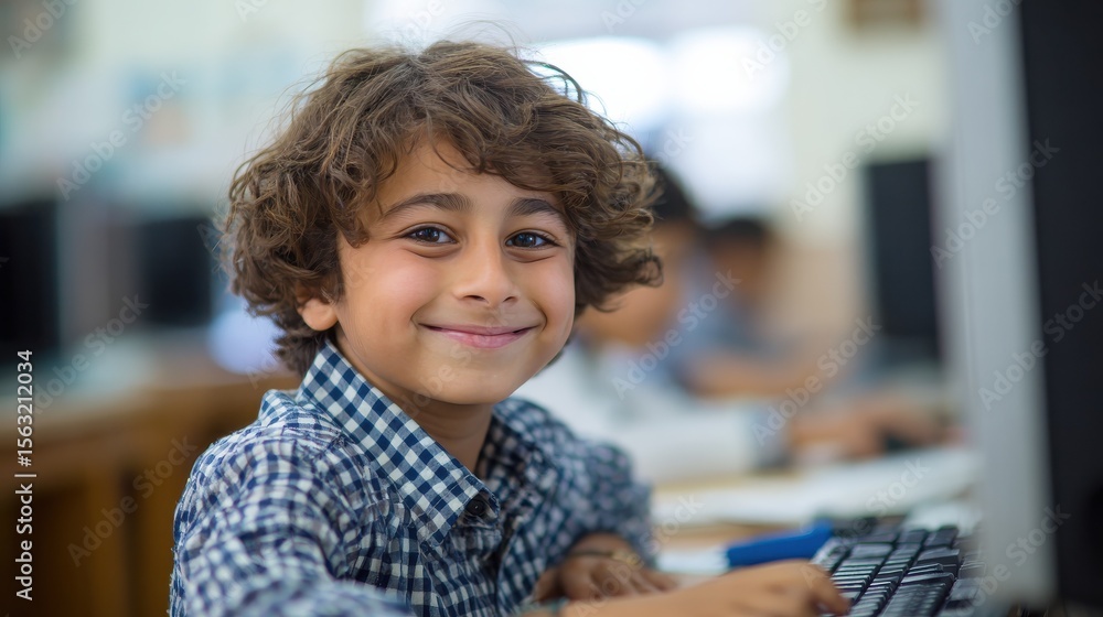 Poster young happy schoolboy using computer. arab child learning to use computer at elementary school. port