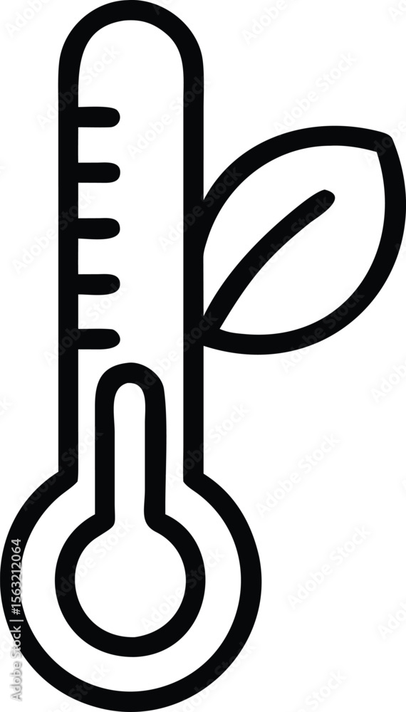 Poster line art icon of thermometer with leaf, nature temperature measuring tool,