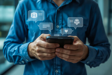 Businessman working digital chatbot application Artificial Intelligence at home for online customer service. AI Chat Technology for Seamless Communication and Customer Engagement.