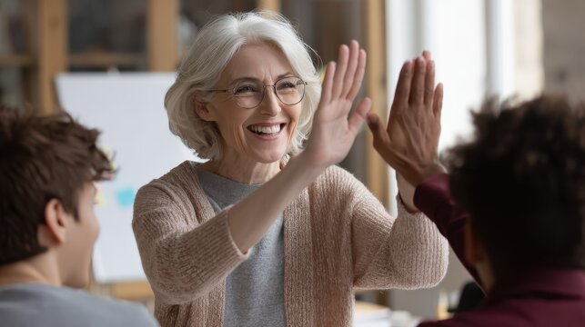 Happy mature old female mentor teacher executive giving high five to young enthusiastic employees, interns, students united team as teamwork support, professional leadership and partnership concept., - Powered by Adobe