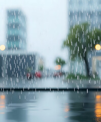 Blurred view of a rainy city scene with falling raindrops and reflections on the ground
