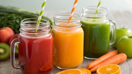 Three colorful mason jar drinks with fresh fruits and vegetables on a wooden table