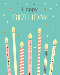 Happy Birthday minimalistic greeting cards with candles and stars. 