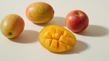 Fresh mangos and an  on a light background.