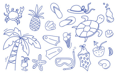 Mediterranean blue summer set. Hand drawn vintage doodle drawing. Summer vacation collection. Dolce vita drawings for cards, stickers, summer sale banner.