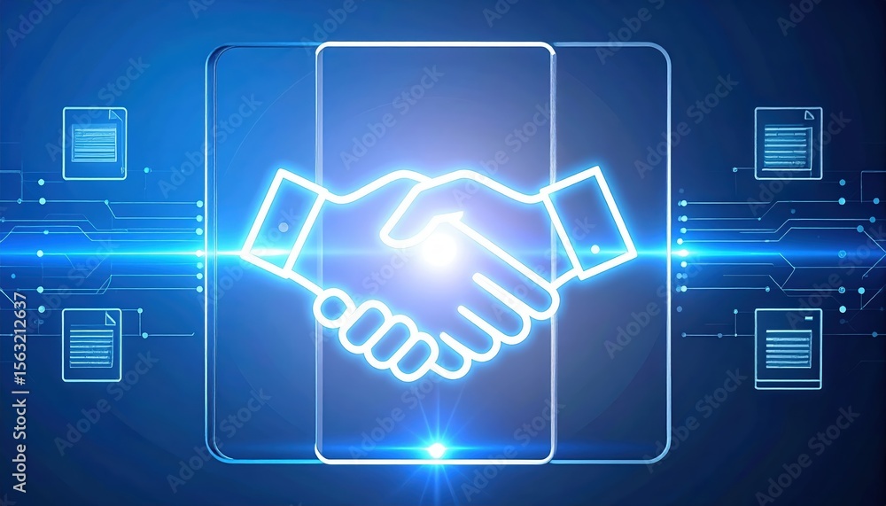 Poster digital handshake between two technology devices symbolizing cooperation and secure connection in a 