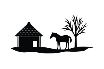Illustration of a Hut Beside a Tree with Grayscale and CMYK Colors