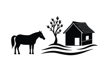 Illustration of a rustic hut nestled beside a tree in a serene landscape