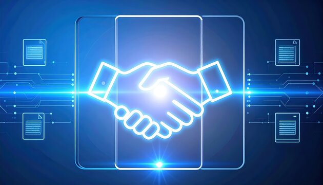 Digital handshake between two technology devices symbolizing cooperation and secure connection in a modern digital environment with futuristic blue background