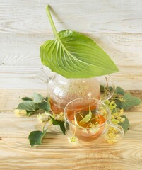 Linden tea in a glass cup with fresh linden flowers, on a wooden background. Medicinal herbal tea.