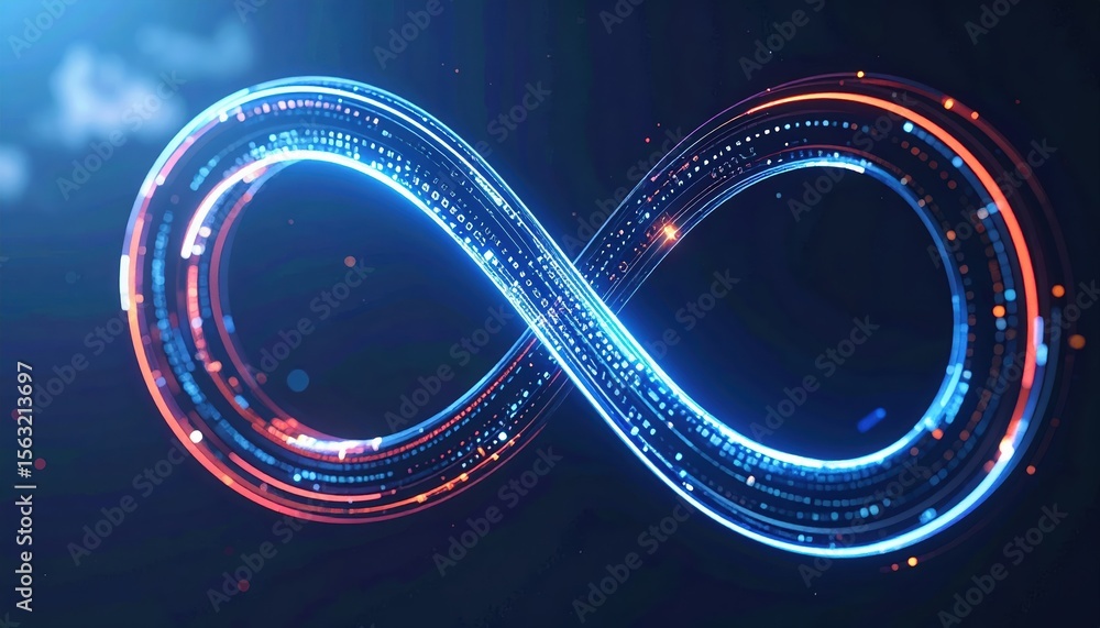 Poster vibrant glowing infinity symbol made of digital light particles with dynamic streaks and sparks on d