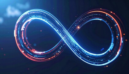 Vibrant glowing infinity symbol made of digital light particles with dynamic streaks and sparks on dark background representing endlessness or limitless potential