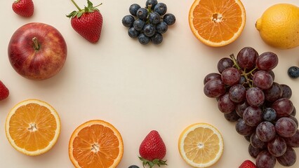 Colorful assortment of fresh fruit arranged in a frame.