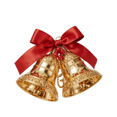 A pair of golden bells adorned with a bright red bow, symbolizing festive cheer, celebration, and delightful sounds.
