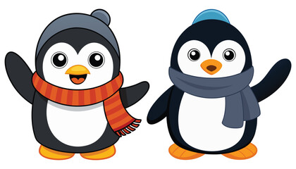 Naklejka premium Kawaii penguin vector waving, soft round body, scarf and winter hat, flat cartoon illustration style, isolated on transparent background, AI Generative