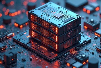 Glowing server stacks are meticulously arranged on a dark circuit board, featuring intricate details and vibrant orange light, horizontal composition