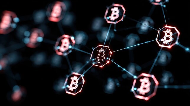 Cryptocurrency blockchain network background. Bright glowing symbols. Futuristic big data information. Graphic concept for your design, no logos, no brands