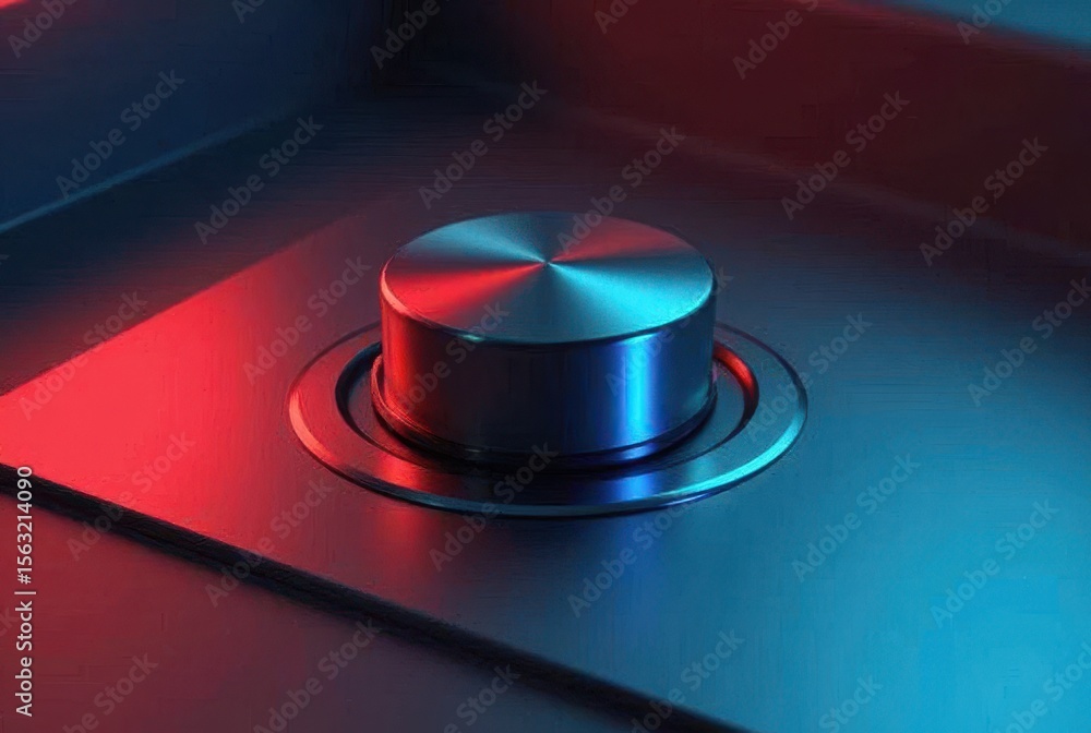 Poster a sleek metallic control knob glows with striking red and blue neon light on a dark, modern surface,