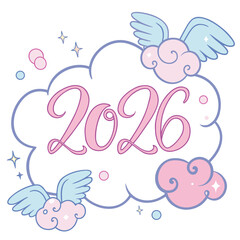 Pastel pink and blue clouds with angel wings and stars
