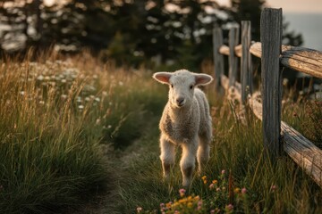 Obraz premium Lamb walking on a path by a wooden fence